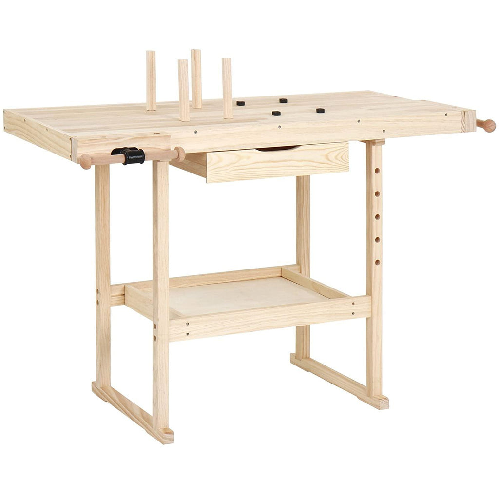 Établi d'atelier en bois de pin avec tiroir et étagère charge max 200 kg 127 cm banc table de travail bricolage menuisier 01_0000429 - Helloshop26