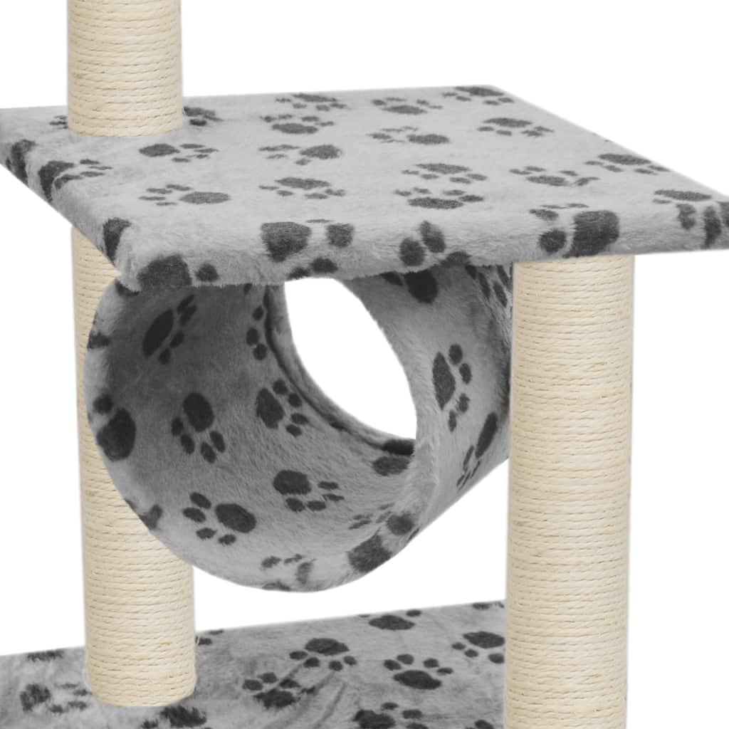 Arbre à chat griffoir grattoir niche jouet animaux peluché en sisal 65 cm gris motif de pattes 3702104 - Helloshop26
