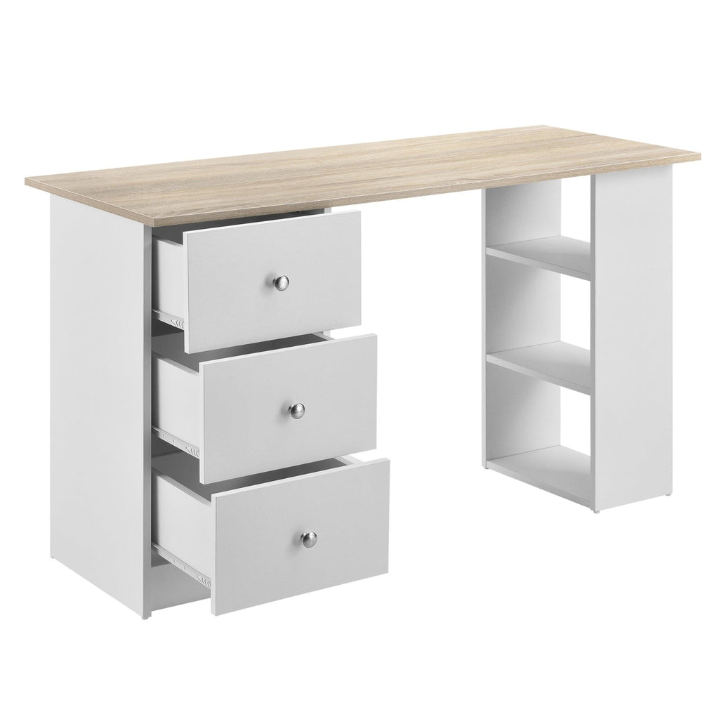Bureau table poste de travail informatique avec 3 tiroirs 120 cm blanc et bois  03_0004709 - Helloshop26