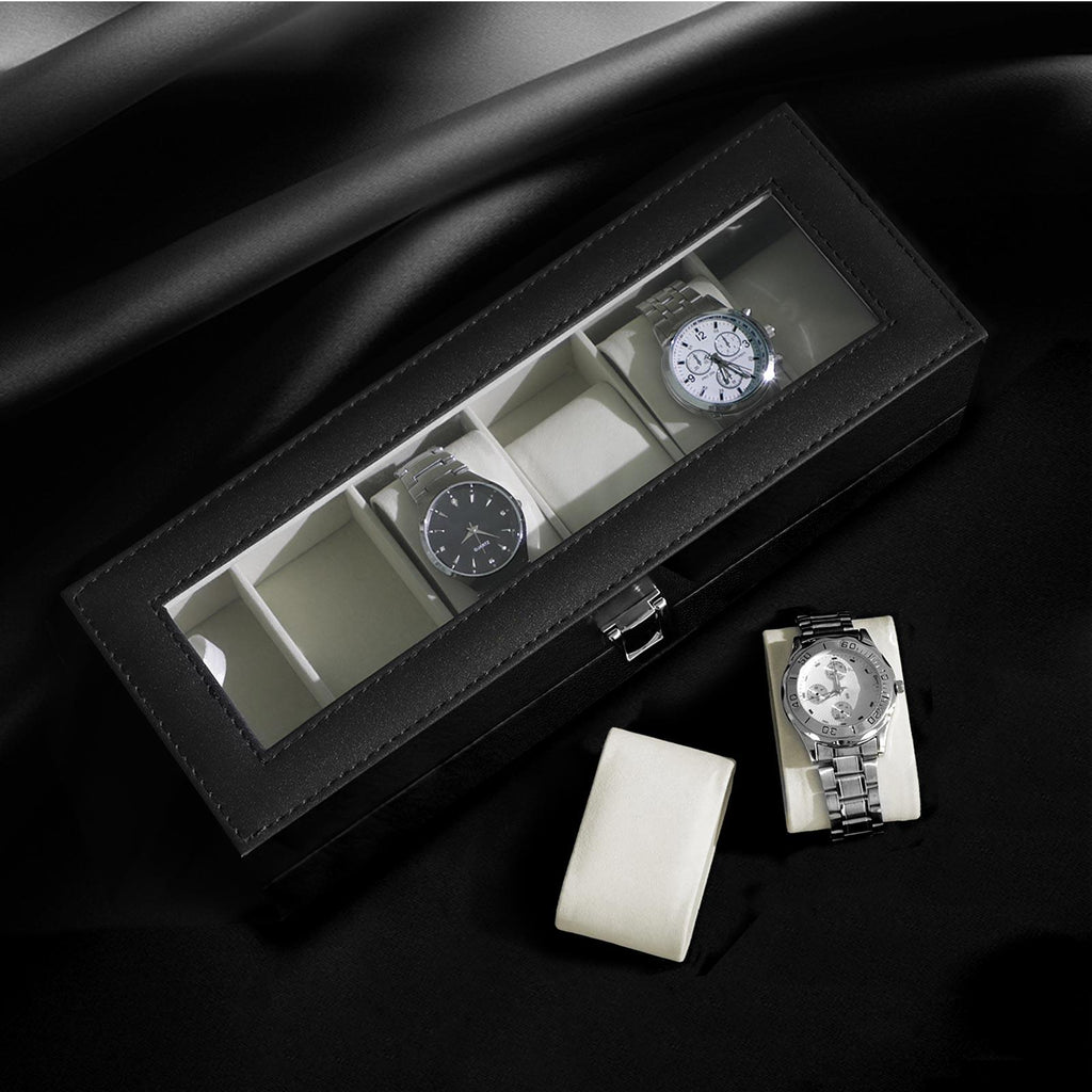 Boîte à montres avec 6 emplacements présentoir montres avec couvercle en verre doublure en velours coussin et loquet 30 cm revêtement en noir doublure en beige 12_0002222 - Helloshop26