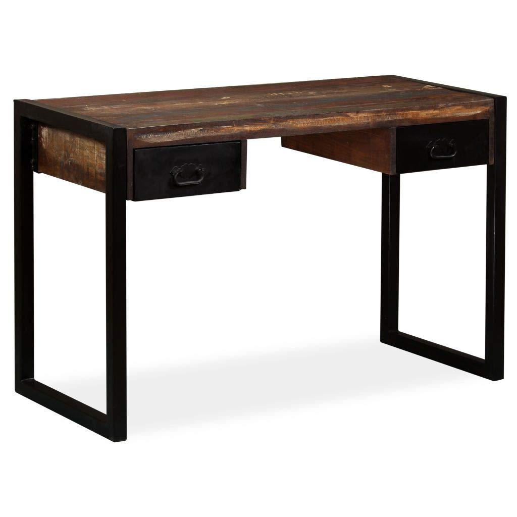 Bureau table meuble travail informatique avec 2 tiroirs bois de récupération massif 120 cm 0502062 - Helloshop26