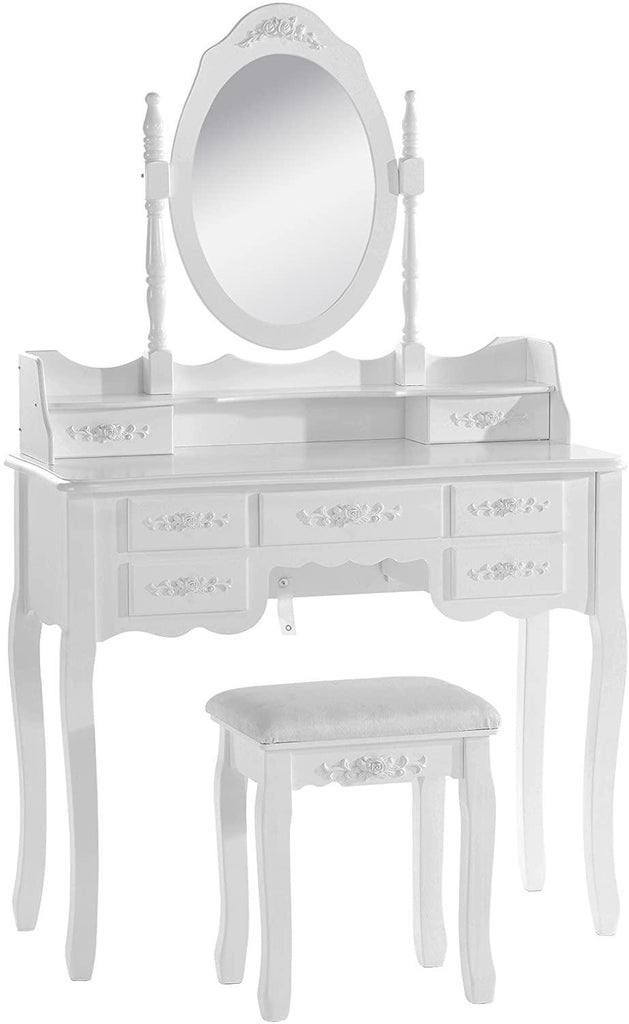 Coiffeuse table de maquillage avec miroir et tabouret 7 tiroirs en MDF et 144,5 bois de pin massif blanc 19_0000578 - Helloshop26