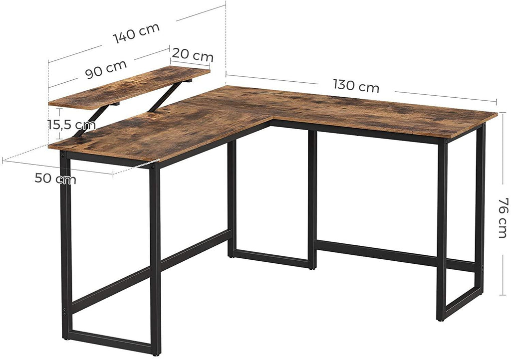 Bureau en forme de L table d’angle avec support d’écran pour étudier jouer travailler gain d’espace pieds réglables cadre métallique assemblage facile marron rustique12_0000327 - Helloshop26