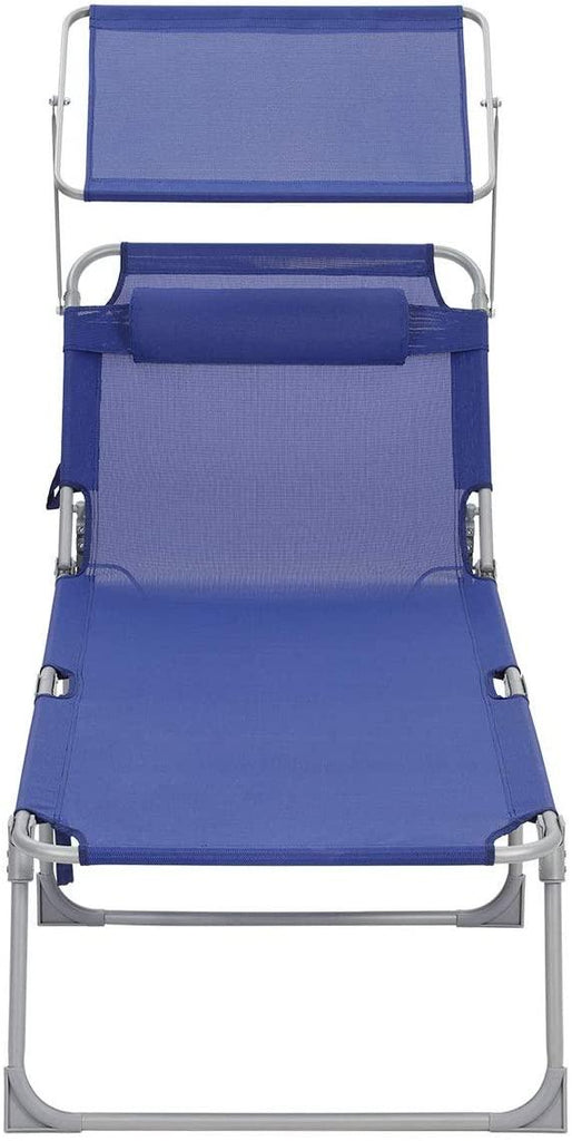 Chaise longue bain de soleil transat de relaxation grand modèle 71 x 200 x 38 cm charge 150 kg avec appui tête dossier et parasol inclinables pliable bleu foncé12_0001106 - Helloshop26