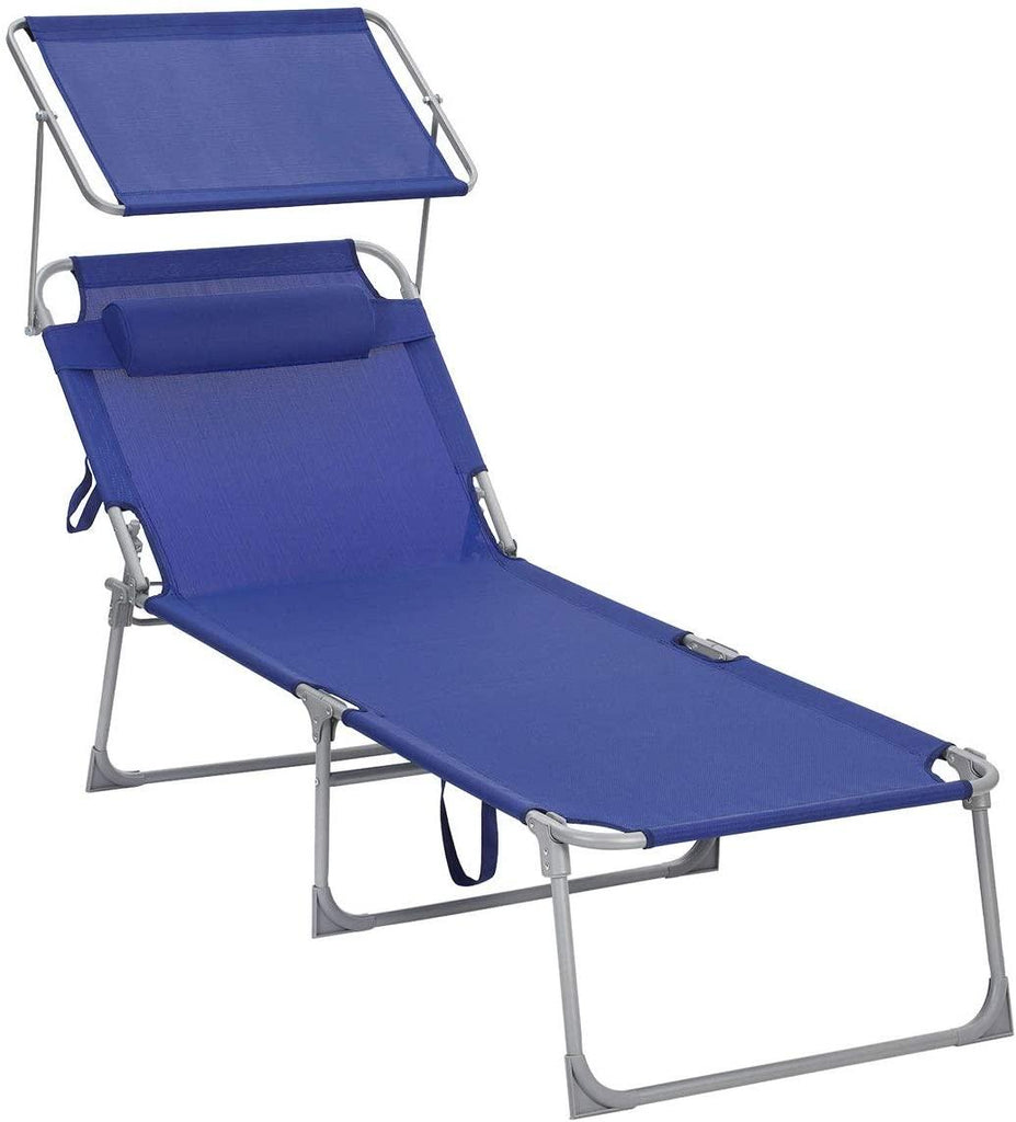 Chaise longue bain de soleil transat de relaxation grand modèle 71 x 200 x 38 cm charge 150 kg avec appui tête dossier et parasol inclinables pliable bleu foncé12_0001106 - Helloshop26