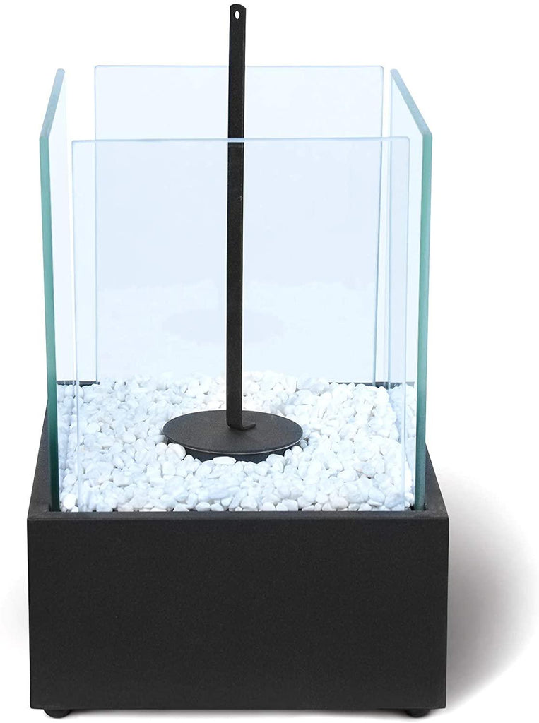 Cheminée éthanol de table portable 28 cm  avec pierres décoratives intérieur extérieur à poser poêle bioéthanol mobile 4 panneaux en verre acier inoxydable noir 01_0000487 - Helloshop26