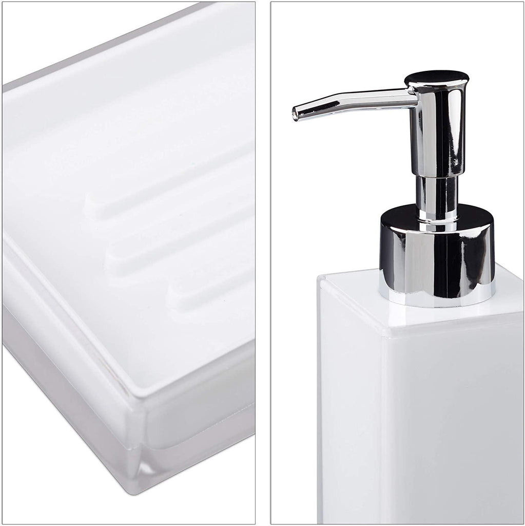 Accessoires salle de bain set 4 pièces distributeur savon gobelet brosse à dent porte savon plastique blanc 13_0002462 - Helloshop26