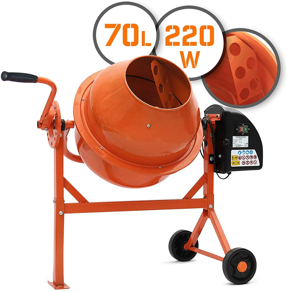 Bétonnière électrique capacité 70 litres 220 watts avec roues en acier bétonnière portable pour ciment béton mortier plâtre chape orange et noir 01_0001116 - Helloshop26