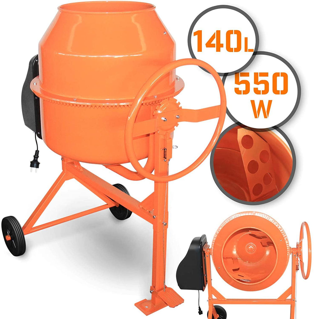 Bétonnière électrique capacité 140 litres 550 watts avec roues en acier bétonnière portable pour ciment béton mortier plâtre chape orange et noir  01_0001117 - Helloshop26