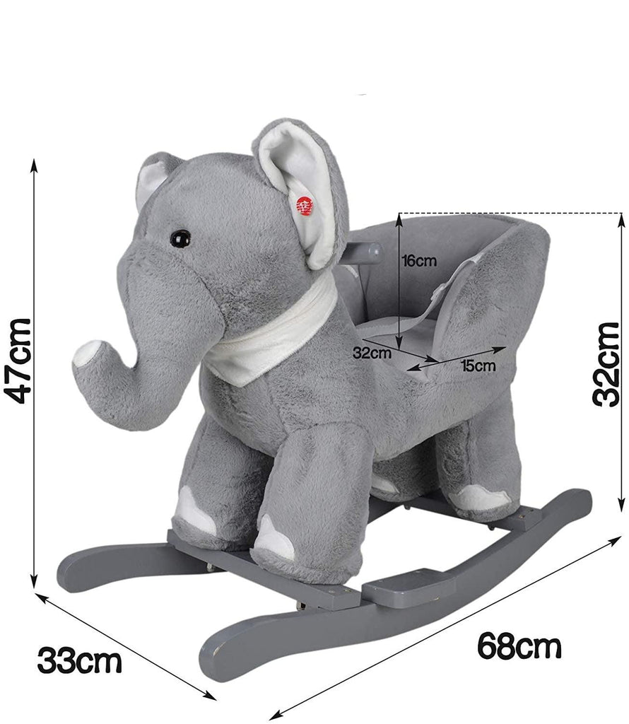 Animal à bascule avec effets sonores poignées ceinture dossier en bois charge max 30 kg pour enfants de 1 an peluche à bascule éléphant 01_0000475 - Helloshop26