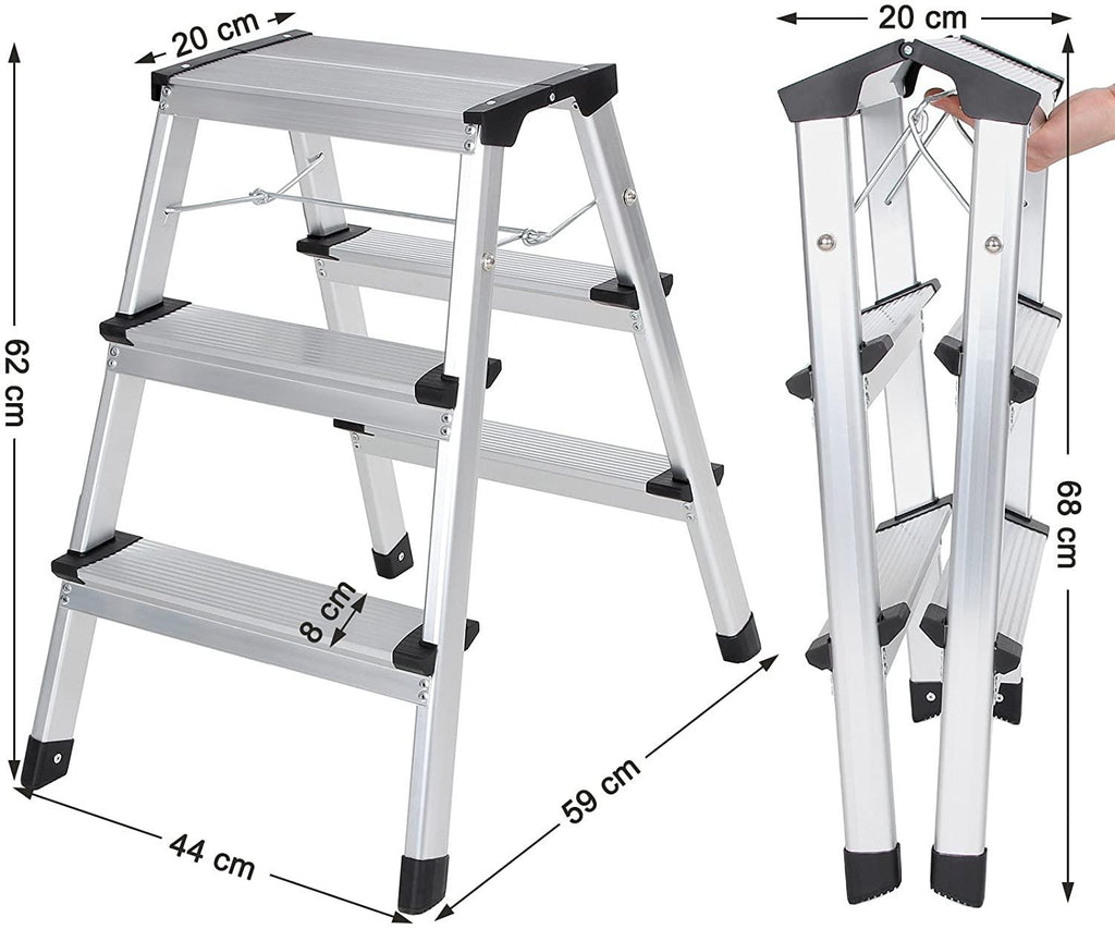 Échelle domestique pliable escabeau marchepied 3 niveaux en alu antidérapant capacité de charge 150 kg conforme aux normes 12_0000480 - Helloshop26