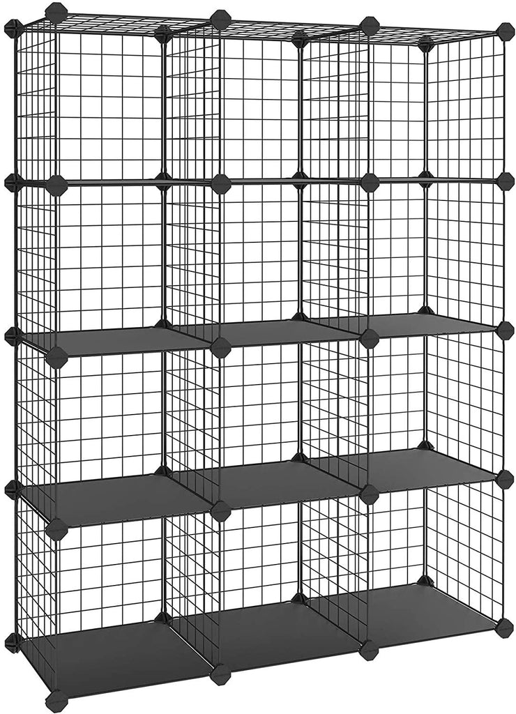 Armoire de rangement étagère panneaux en treillis 4 niveaux 3 rangs grande capacité maillet en caoutchouc offert dimensions 93 x 31 x 123 cm (l x l x h) noir 12_0000701 - Helloshop26