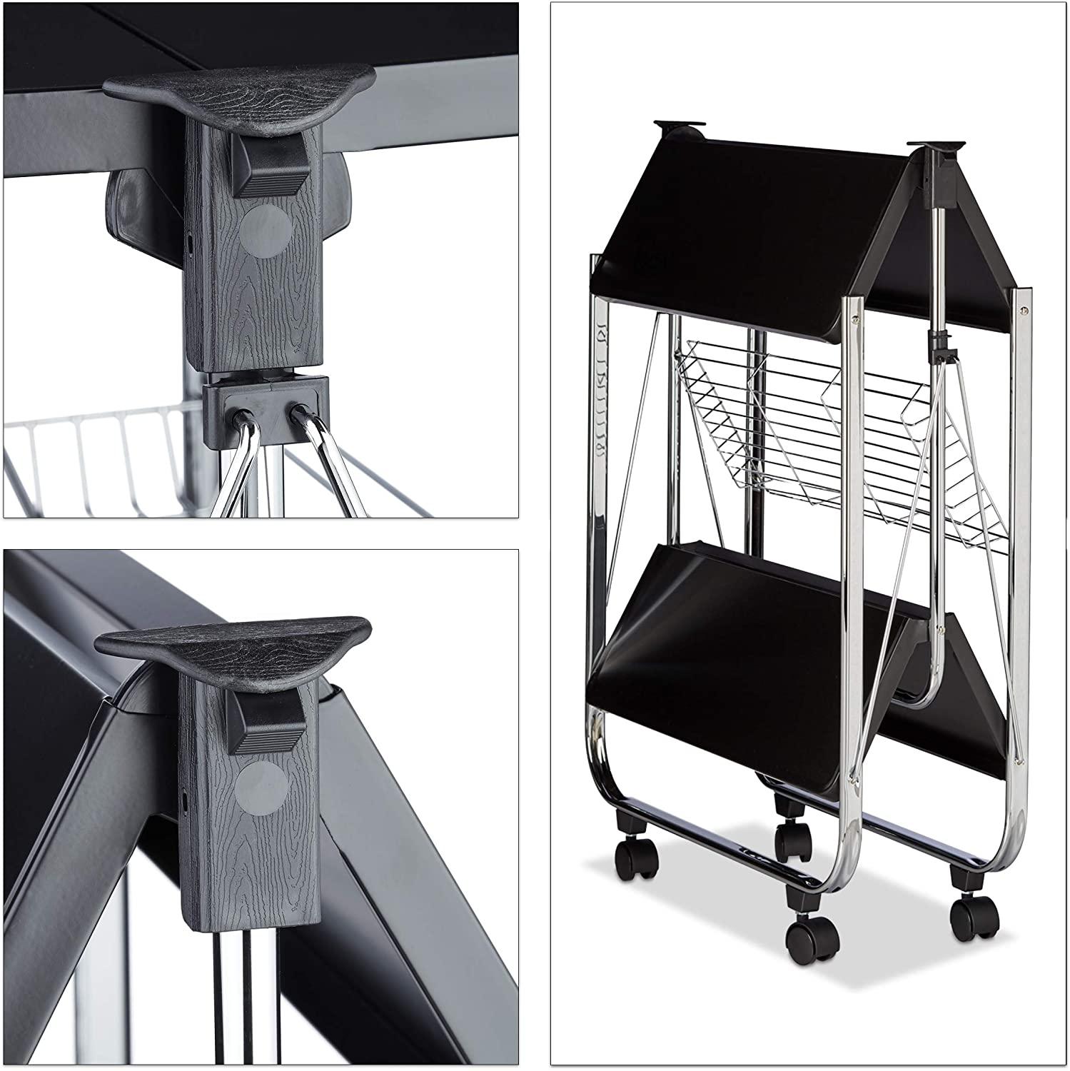 Desserte à Roulettes Pliante Noire 3 Niveaux - Chariot Cuisine Roulant Pliable H90 X L40 X P30 Cm, Charge 60kg