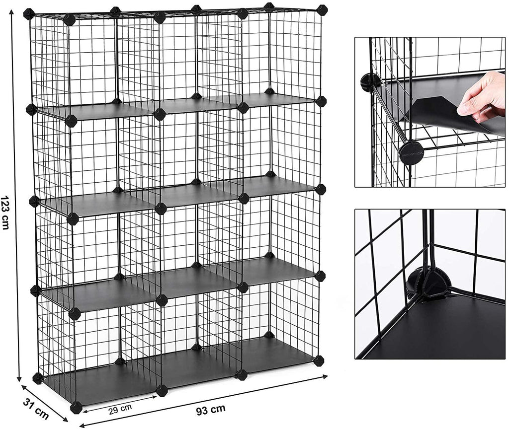 Armoire de rangement étagère panneaux en treillis 4 niveaux 3 rangs grande capacité maillet en caoutchouc offert dimensions 93 x 31 x 123 cm (l x l x h) noir 12_0000701 - Helloshop26