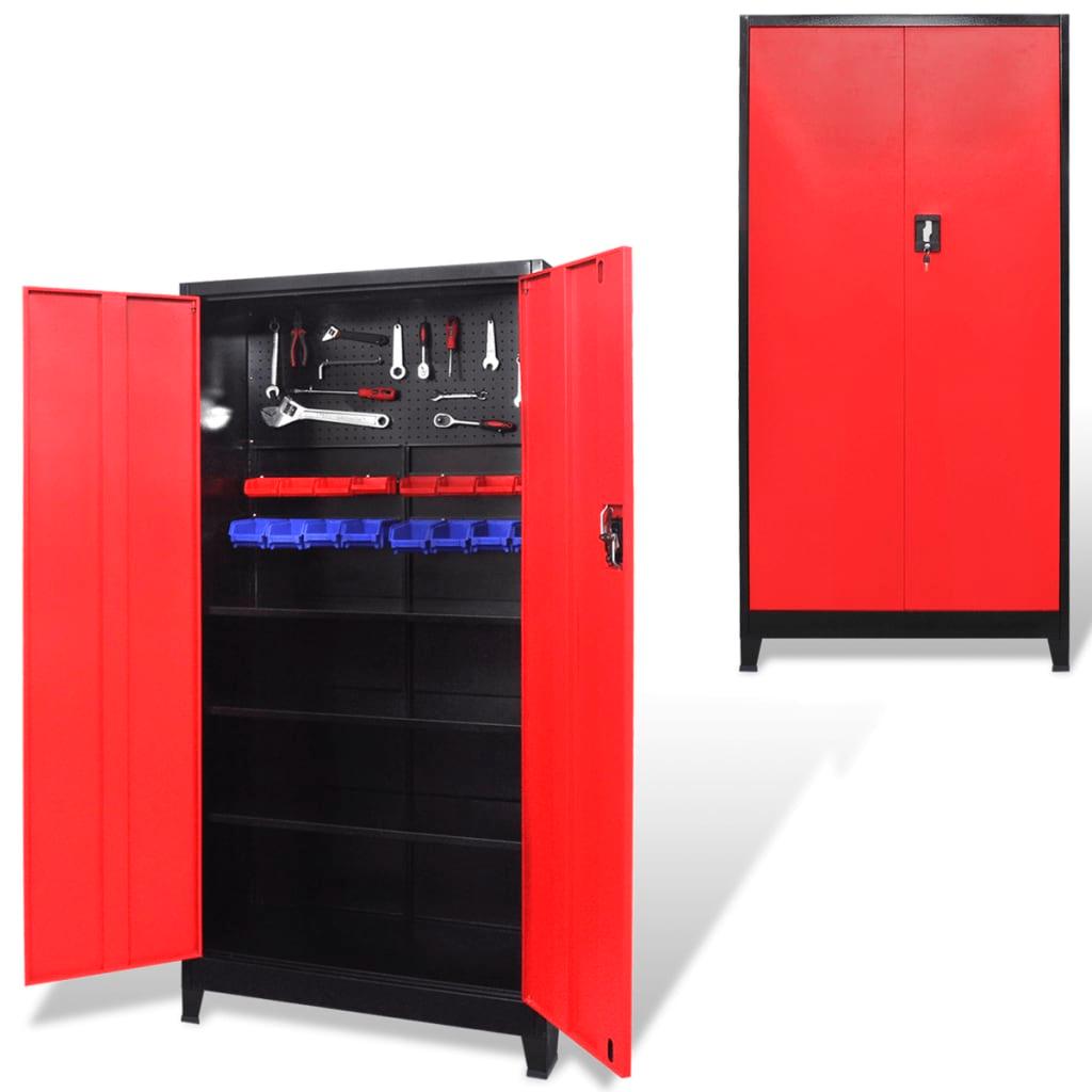 Armoire à outils avec 2 portes acier noir et rouge 180 cm coffre à outils 02_0003802 - Helloshop26