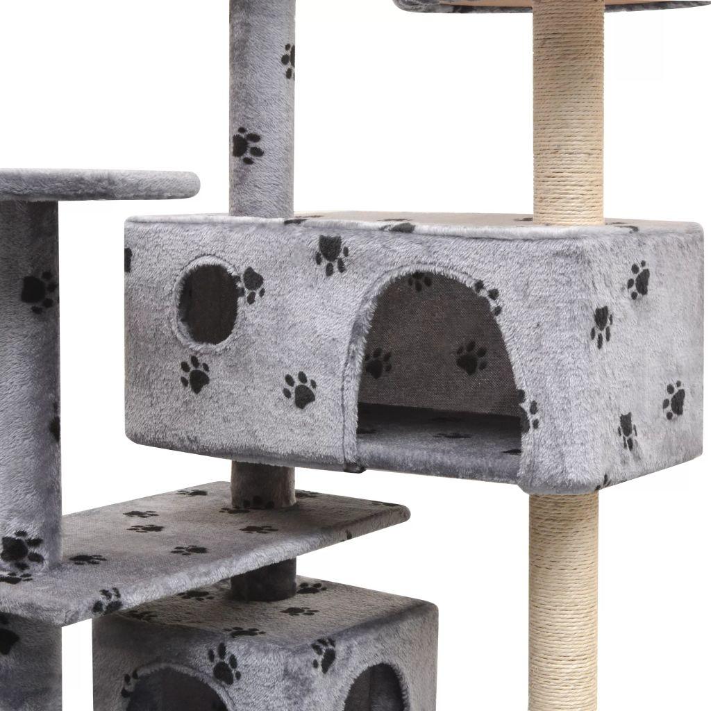 Arbre à chat griffoir grattoir niche jouet animaux peluché et sisal 125 cm empreintes de pattes gris 3702268 - Helloshop26