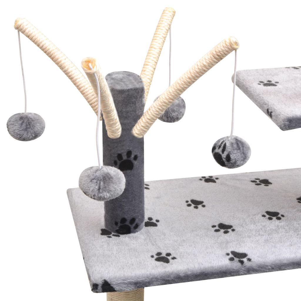 Arbre à chat griffoir grattoir niche jouet animaux peluché et sisal 125 cm empreintes de pattes gris 3702113 - Helloshop26