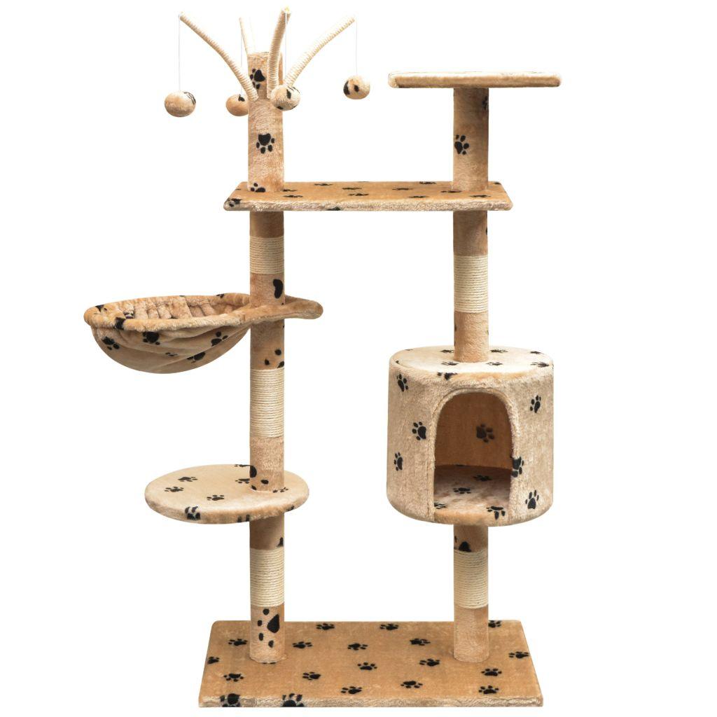Arbre à chat griffoir grattoir niche jouet animaux peluché et sisal 125 cm empreintes de pattes beige 3702103 - Helloshop26