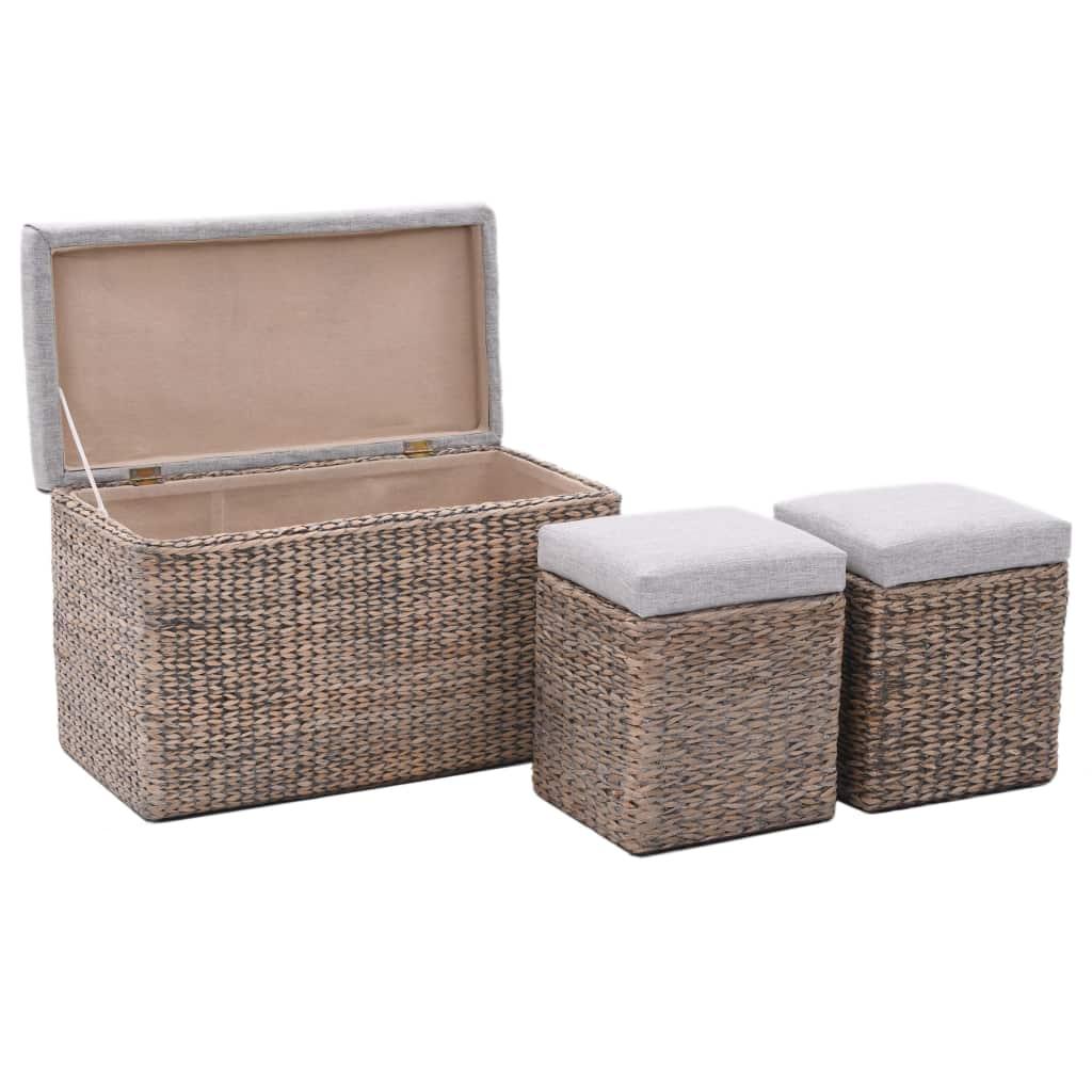 Banquette pouf tabouret meuble banc avec 2 poufs jacinthe d'eau gris 3002169 - Helloshop26