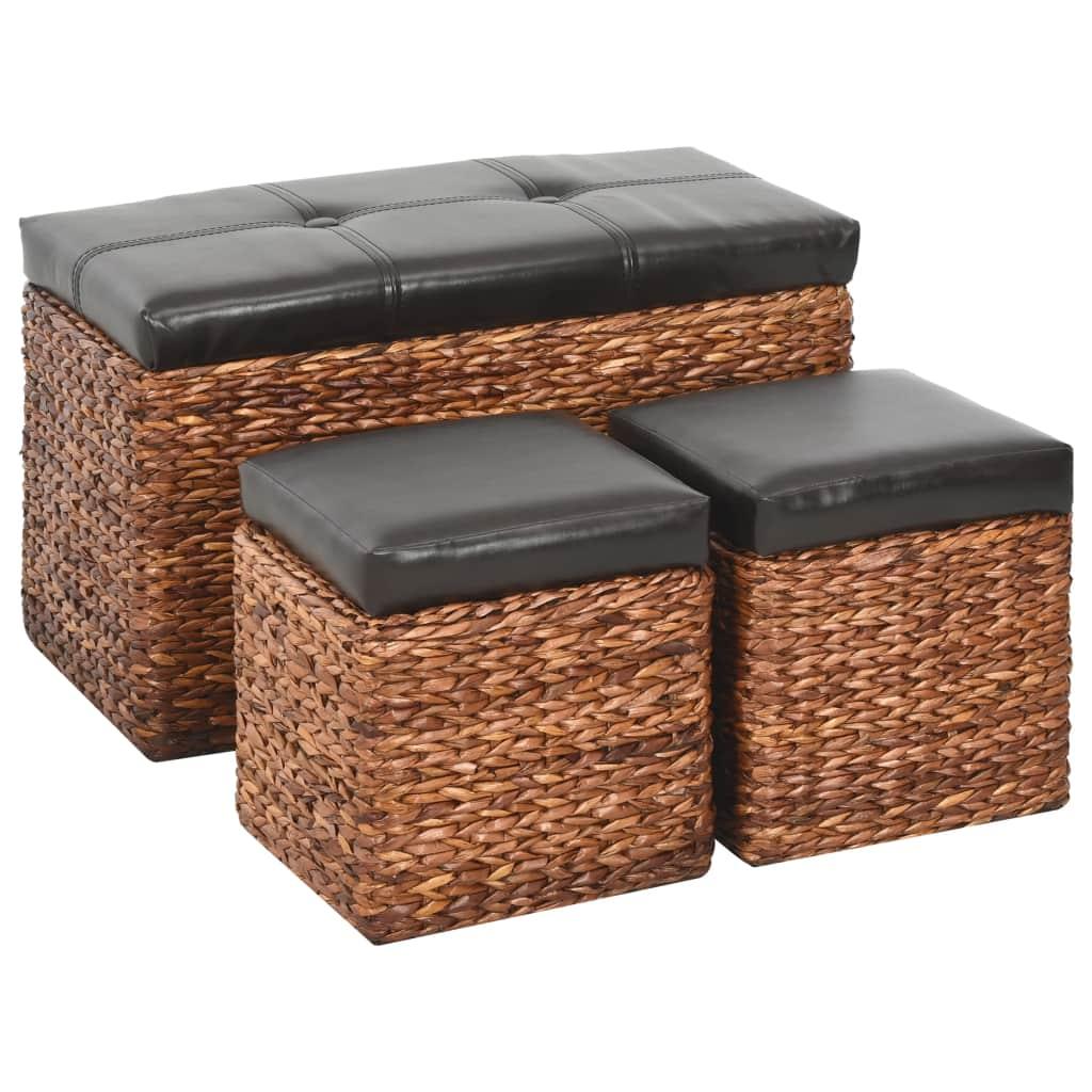 Banquette pouf tabouret meuble banc avec 2 poufs jacinthe d'eau marron et noir 3002179 - Helloshop26