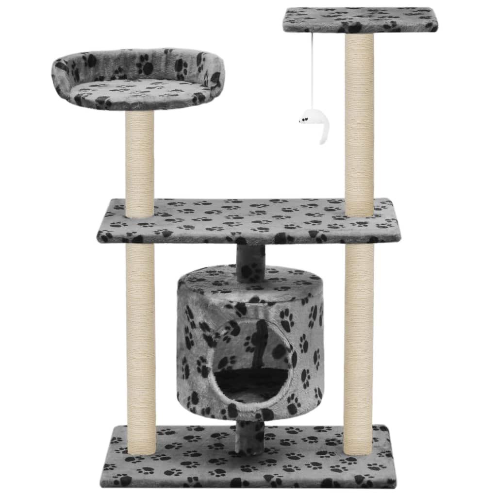 Arbre à chat griffoir grattoir niche jouet animaux peluché en sisal 95 cm gris motif de pattes 3702235 - Helloshop26