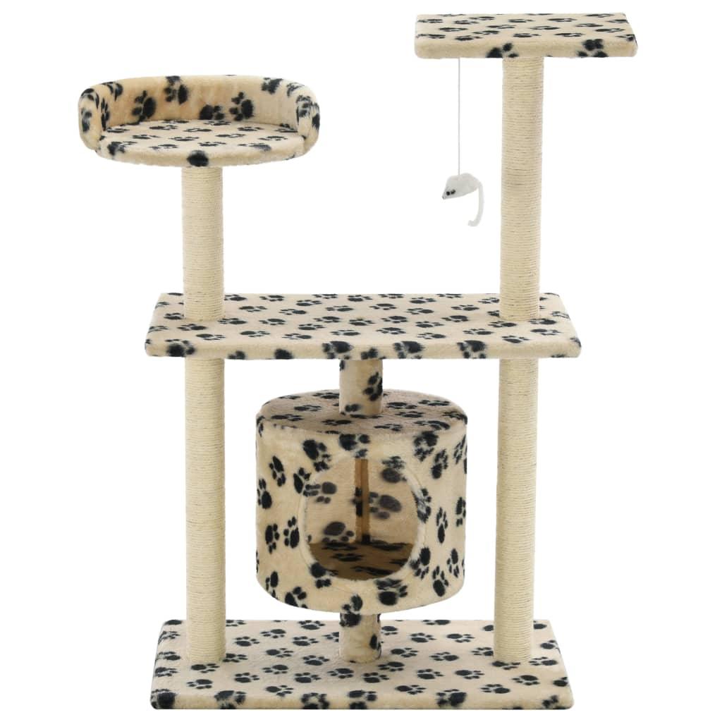 Arbre à chat griffoir grattoir niche jouet animaux peluché en sisal 95 cm beige motif de pattes 3702176 - Helloshop26