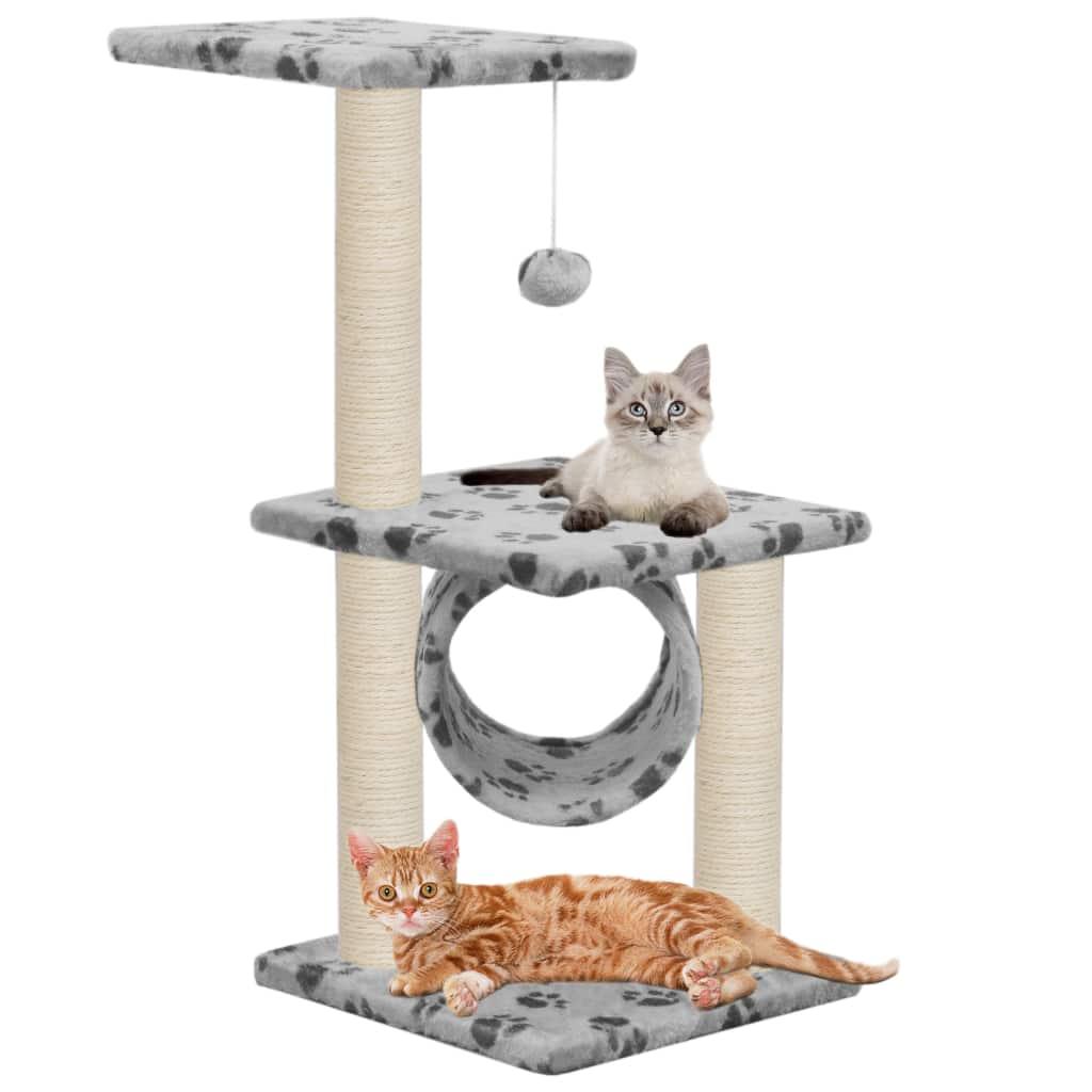 Arbre à chat griffoir grattoir niche jouet animaux peluché en sisal 65 cm gris motif de pattes 3702104 - Helloshop26