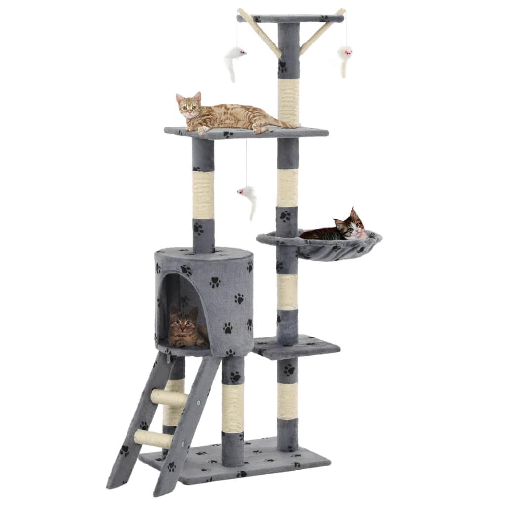 Arbre à chat griffoir grattoir niche jouet animaux peluché en sisal 138 cm gris motif de pattes 3702037 - Helloshop26