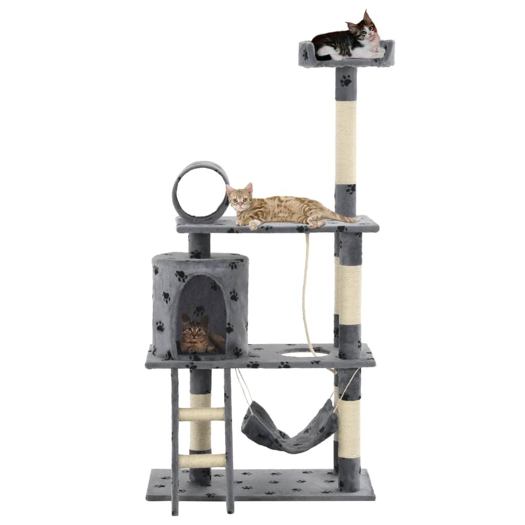 Arbre à chat griffoir grattoir niche jouet animaux peluché en sisal 140 cm gris motif de pattes 3702094 - Helloshop26