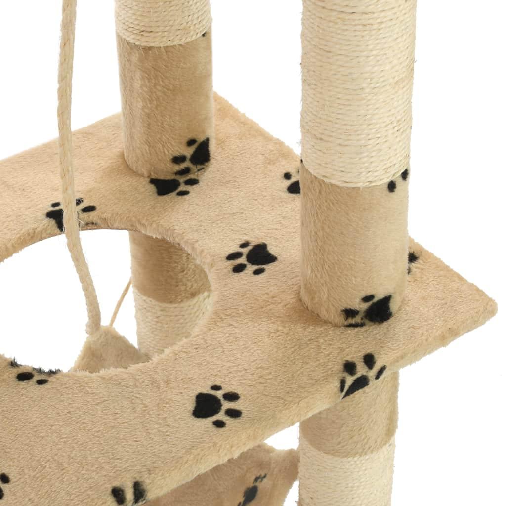 Arbre à chat griffoir grattoir niche jouet animaux peluché en sisal 140cm beige motif de pattes 3702105 - Helloshop26