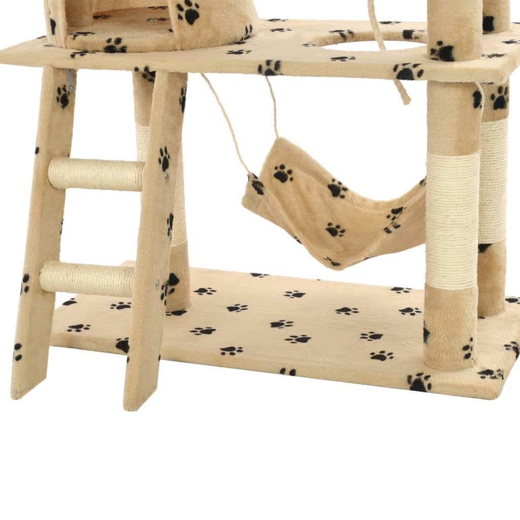 Arbre à chat griffoir grattoir niche jouet animaux peluché en sisal 140cm beige motif de pattes 3702105 - Helloshop26