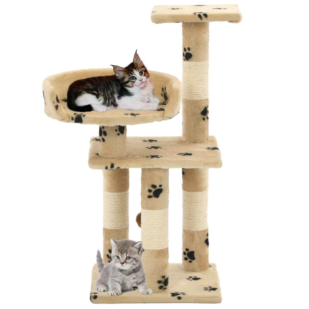 Arbre à chat griffoir grattoir niche jouet animaux peluché en sisal 65 cm beige motif de pattes 3702044 - Helloshop26