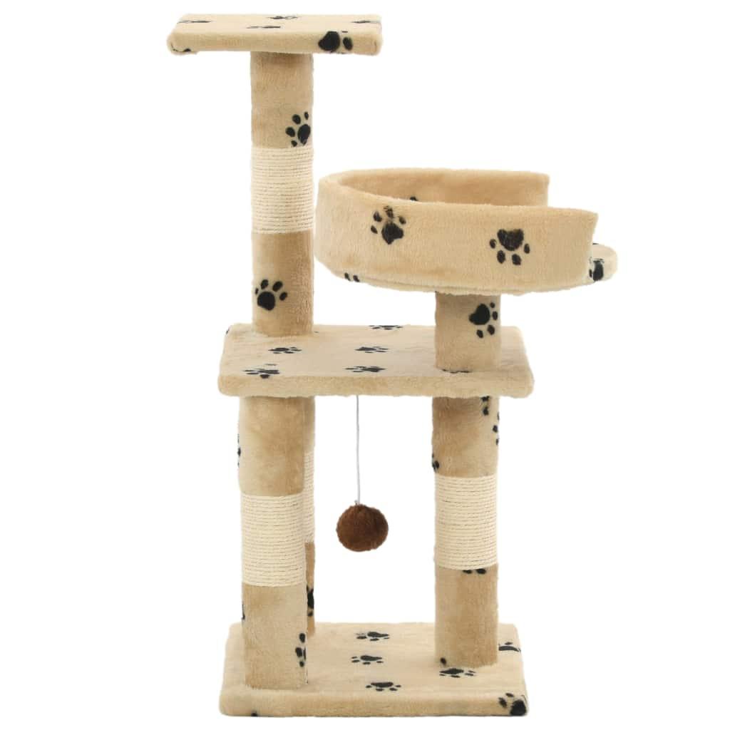 Arbre à chat griffoir grattoir niche jouet animaux peluché en sisal 65 cm beige motif de pattes 3702044 - Helloshop26