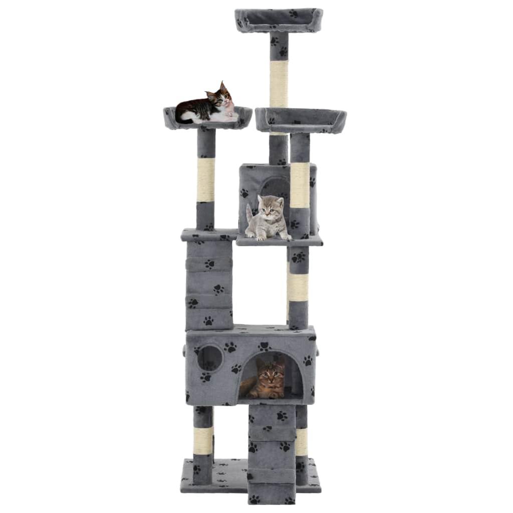 Arbre à chat griffoir grattoir niche jouet animaux peluché sisal 170cm empreintes de pattes gris 3702079 - Helloshop26