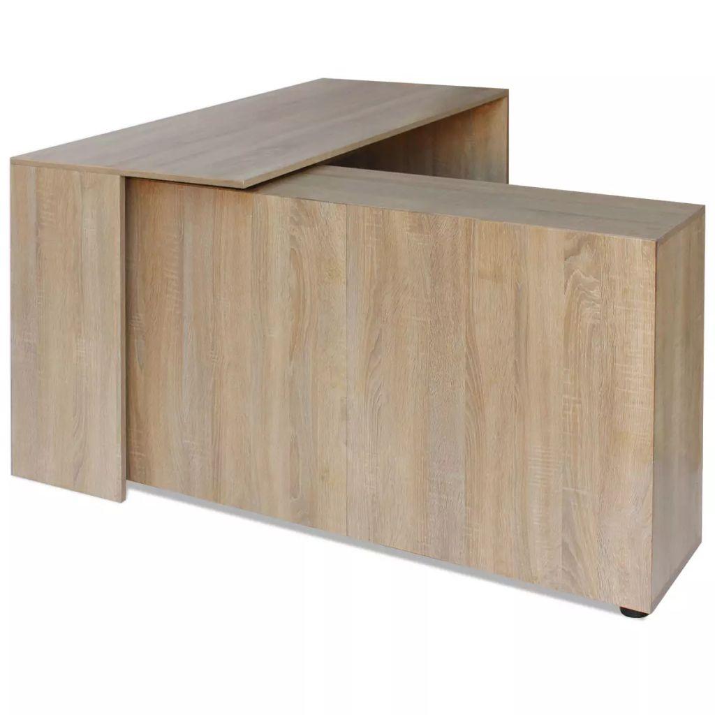 Bureau table meuble travail informatique d'angle 4 étagères chêne 0502069 - Helloshop26