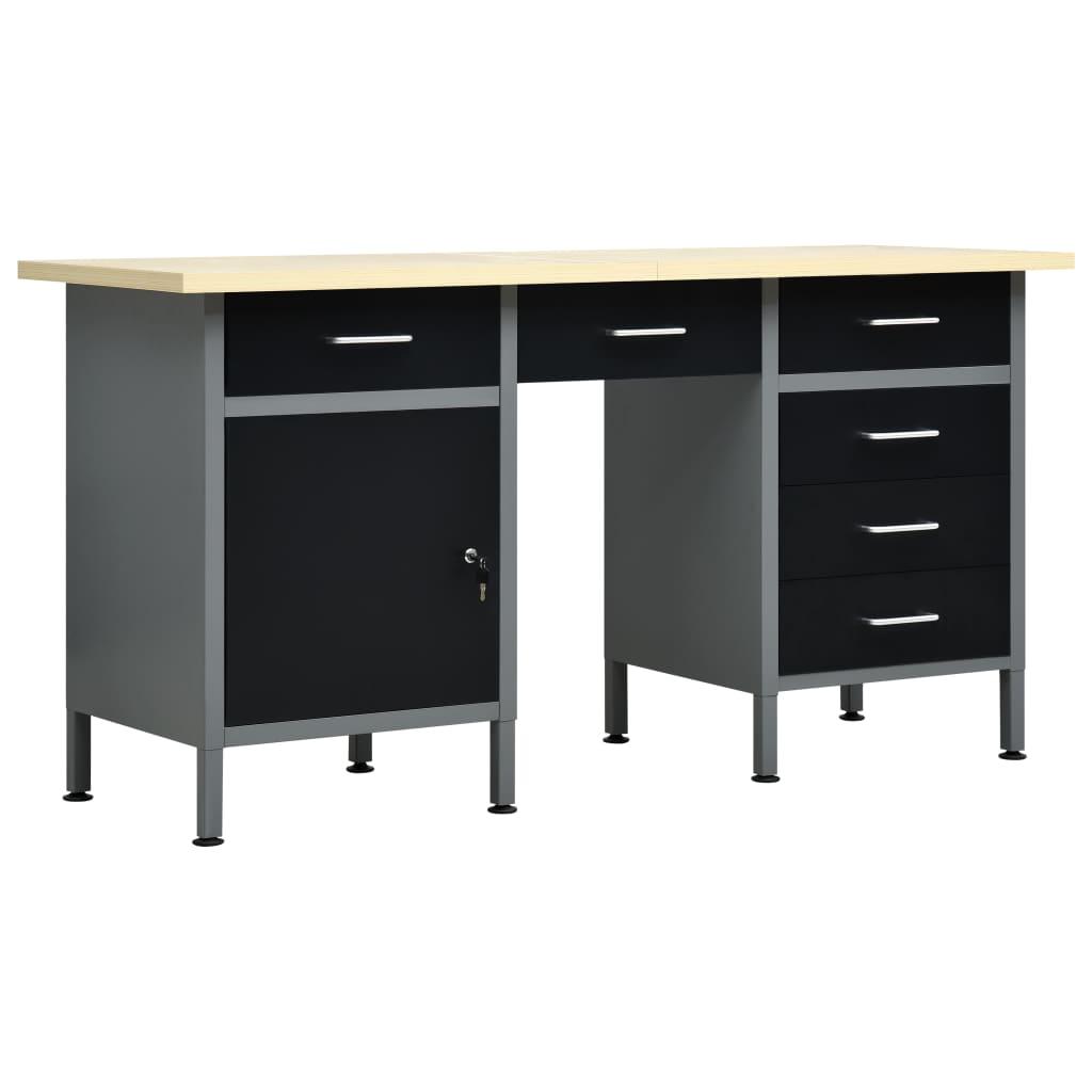 Etabli noir 160 cm avec tiroirs acier table de travail bricolage outils gris noir 02_0003679 - Helloshop26