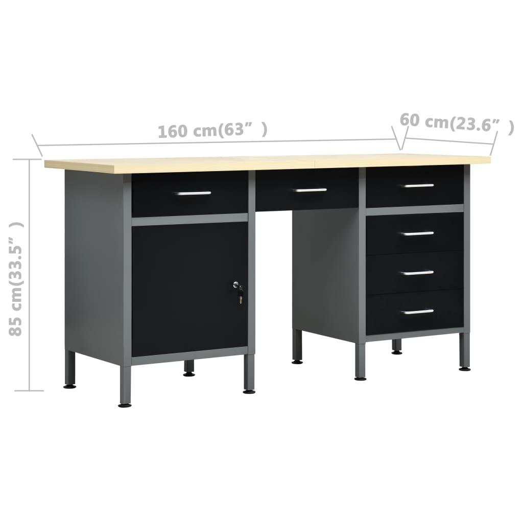 Etabli noir 160 cm avec tiroirs acier table de travail bricolage outils gris noir 02_0003679 - Helloshop26