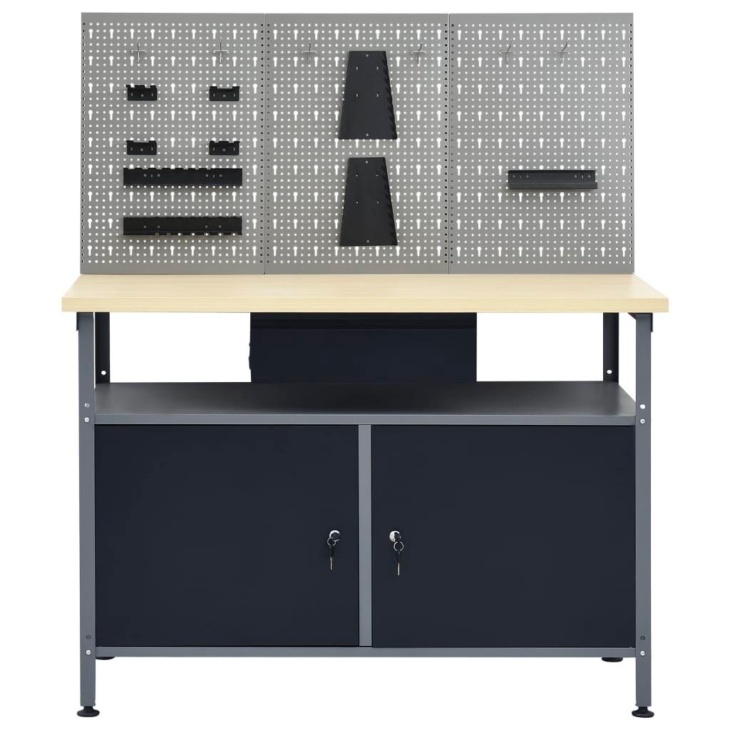 Etabli 120 cm avec 3 panneaux muraux et 1 armoire atelier table de travail gris noir 02_0003657 - Helloshop26