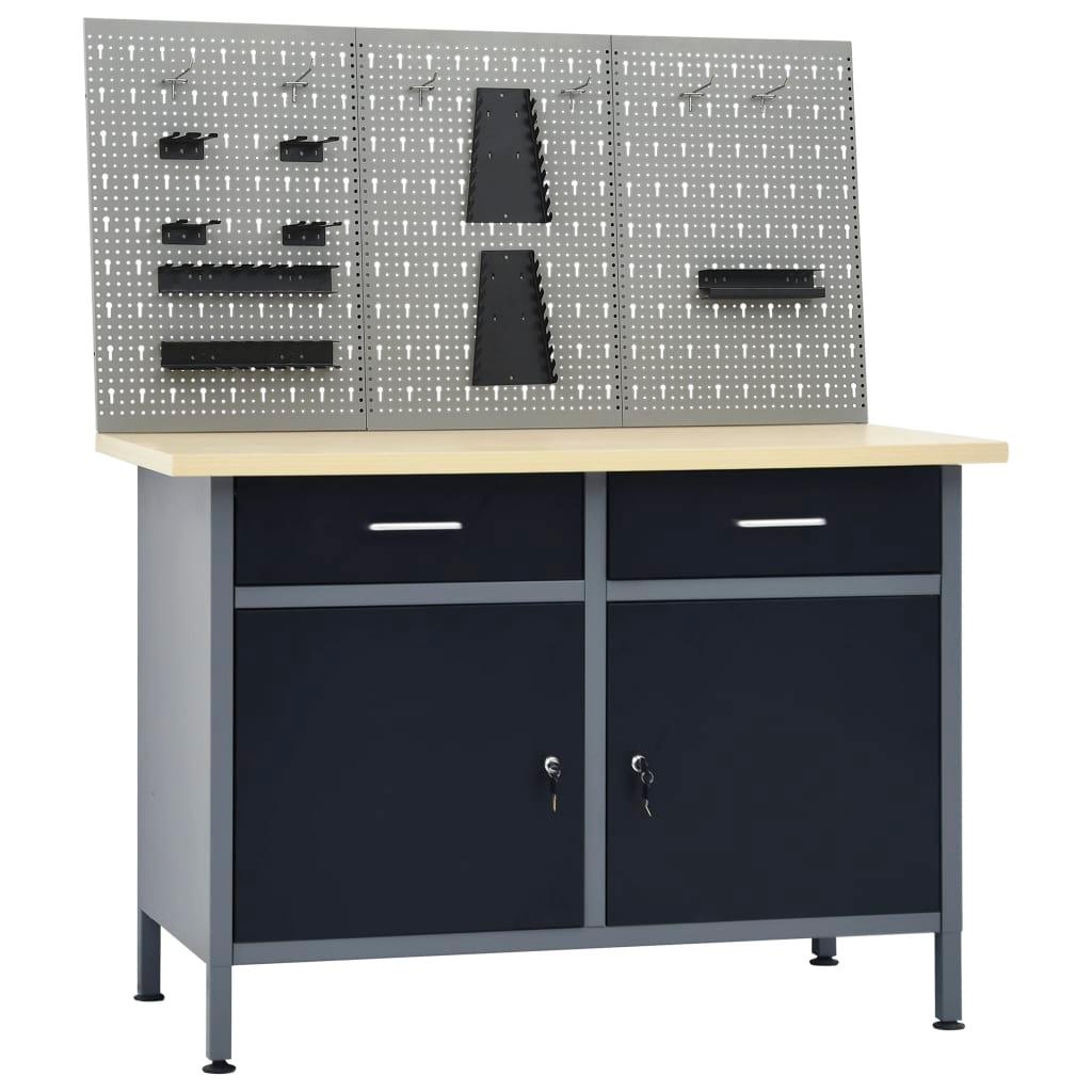 Etabli 120 cm avec 3 panneaux muraux et 1 armoire atelier table de travail gris noir 02_0003658 - Helloshop26