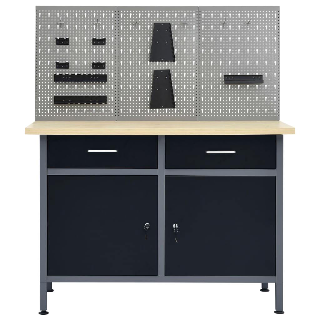 Etabli 120 cm avec 3 panneaux muraux et 1 armoire atelier table de travail gris noir 02_0003658 - Helloshop26