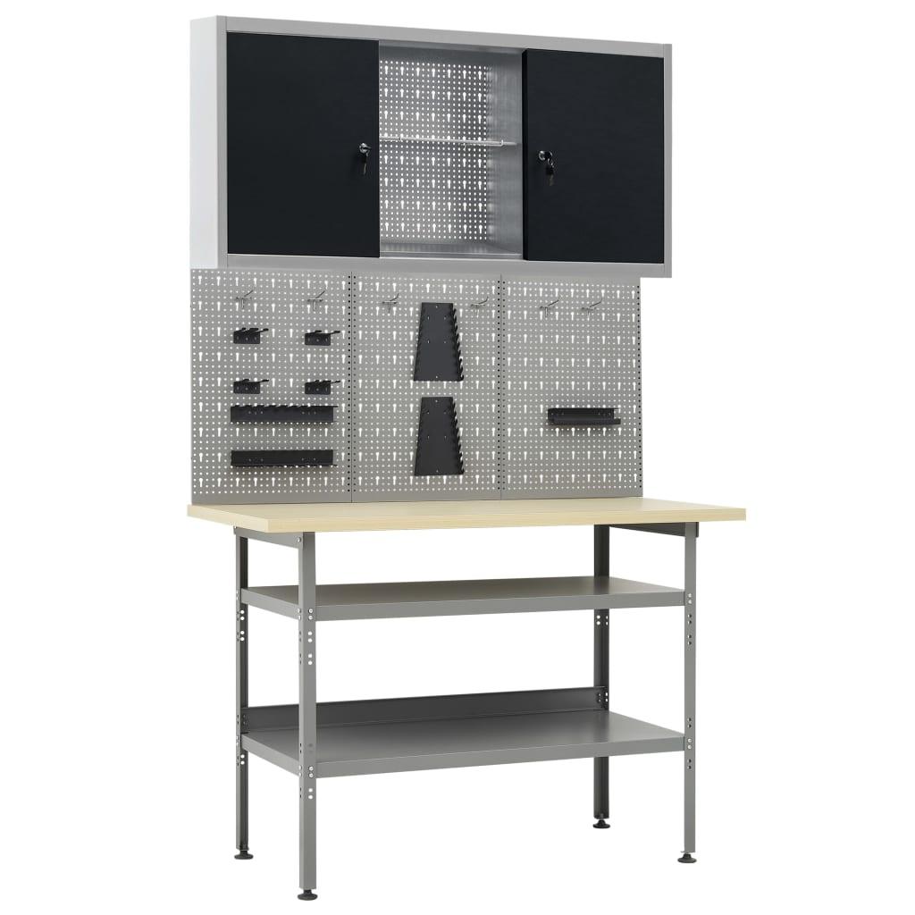 Etabli 120 cm avec 3 panneaux muraux et 1 armoire atelier table de travail gris noir 02_0003659 - Helloshop26