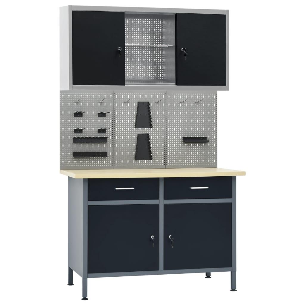 Etabli 120 cm avec 3 panneaux muraux et 1 armoire atelier table de travail gris noir 02_0003661 - Helloshop26