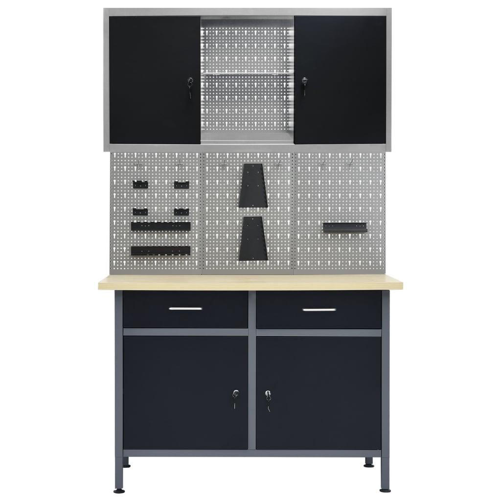 Etabli 120 cm avec 3 panneaux muraux et 1 armoire atelier table de travail gris noir 02_0003661 - Helloshop26