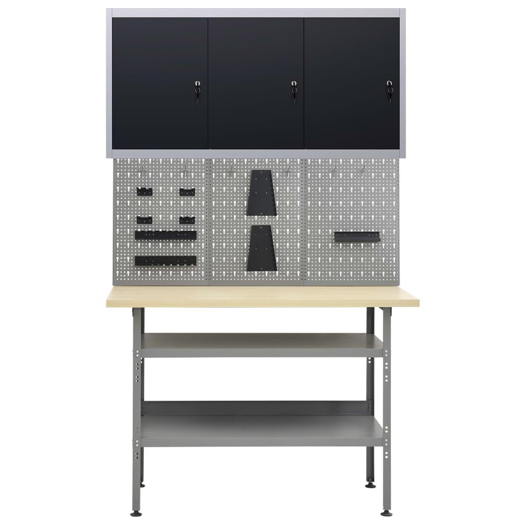 Etabli 120 cm avec 3 panneaux muraux et 1 armoire garage table de travail gris noir 02_0003662 - Helloshop26