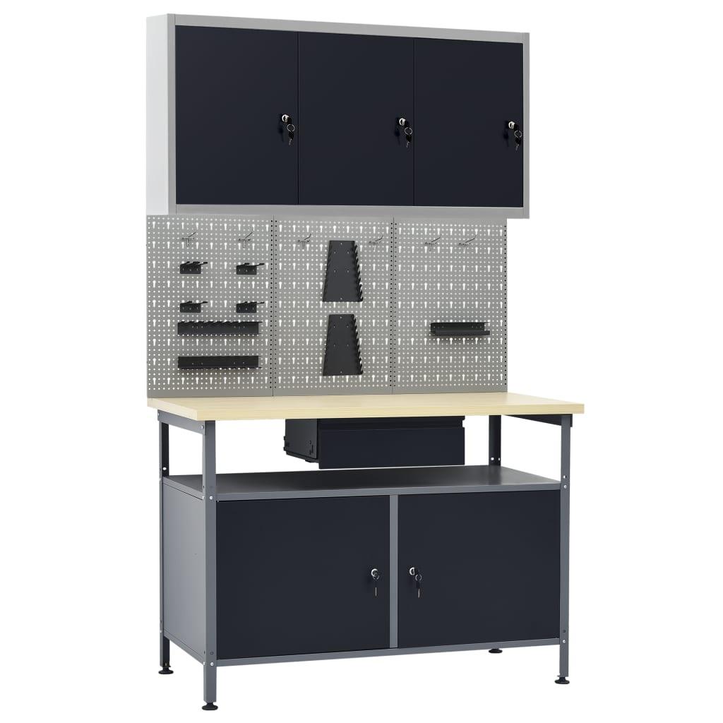Etabli 120 cm et 3 panneaux muraux et 1 armoire atelier table de travail gris noir 02_0003663 - Helloshop26