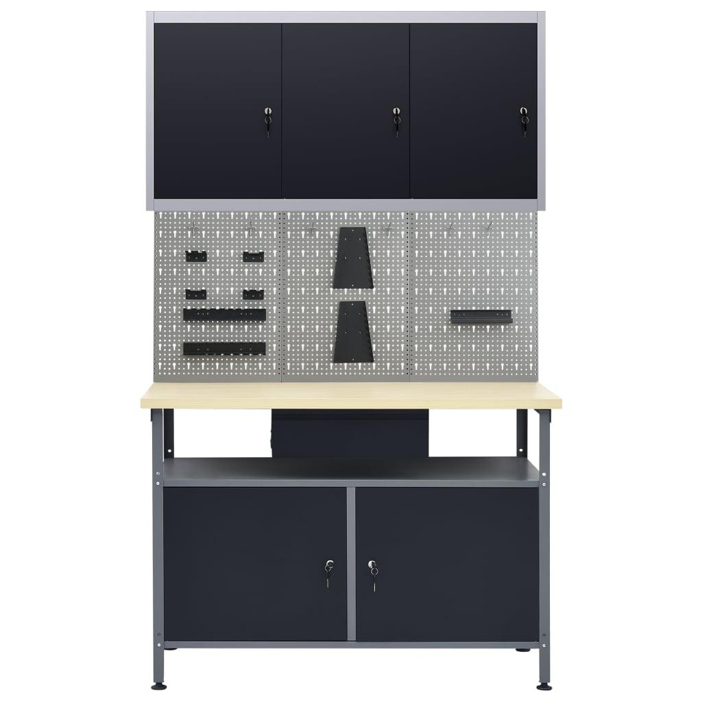 Etabli 120 cm et 3 panneaux muraux et 1 armoire atelier table de travail gris noir 02_0003663 - Helloshop26