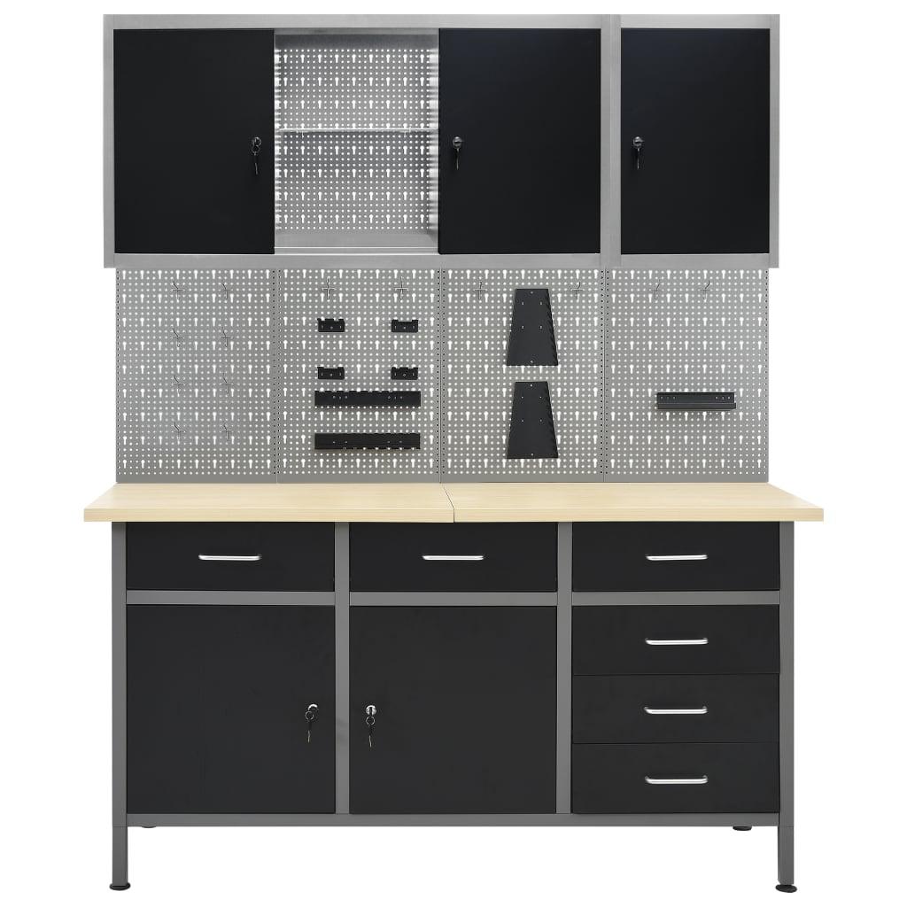 Etabli et 4 panneaux muraux et 2 armoires table de travail poste de travail rangement stockage d'outils etabli d'atelier garage 02_0003670 - Helloshop26