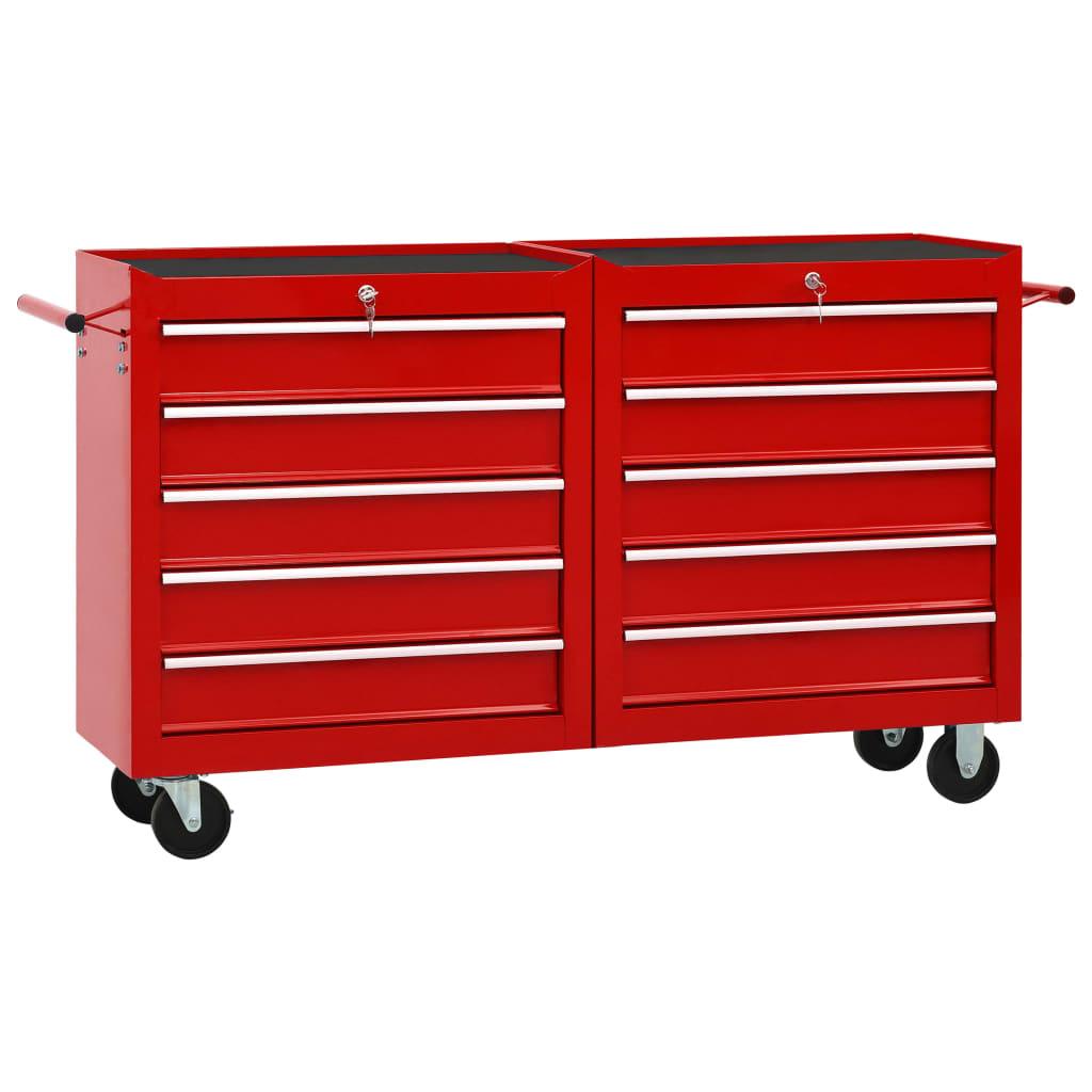 Chariot à outils avec 10 tiroirs boîte à outils armoire à outils chariot de garage rangement d'outils servante d’atelier 140 cm acier rouge 02_0003823 - Helloshop26