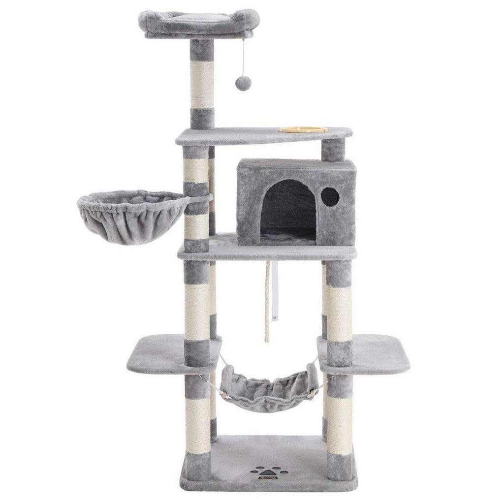 Arbre à chat hauteur de 174 cm multi-niveaux avec bol panier niche maison de jeu meubles pour chatons chats et félins couleur grise claire 12_0001175 - Helloshop26