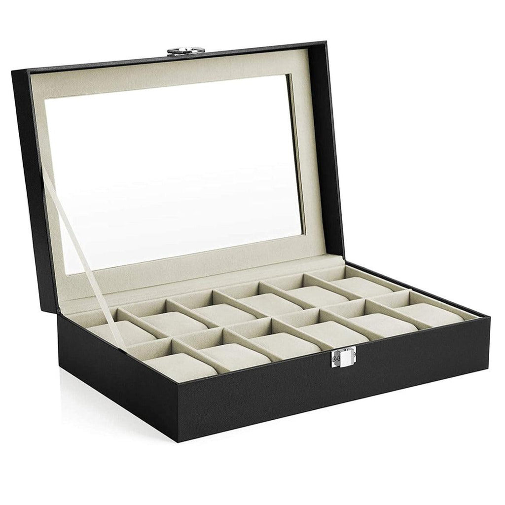 Boîte à montres à 12 compartiments coffre à montres présentoir écrin couvercle en verre coussins amovibles en velours serrure en métal revêtement en noir et doublure en beige 12_0002224 - Helloshop26